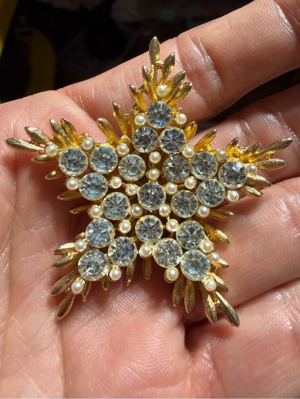 Vintage BSK Gold Tone Rhinestone Faux Pearl Star Brooch